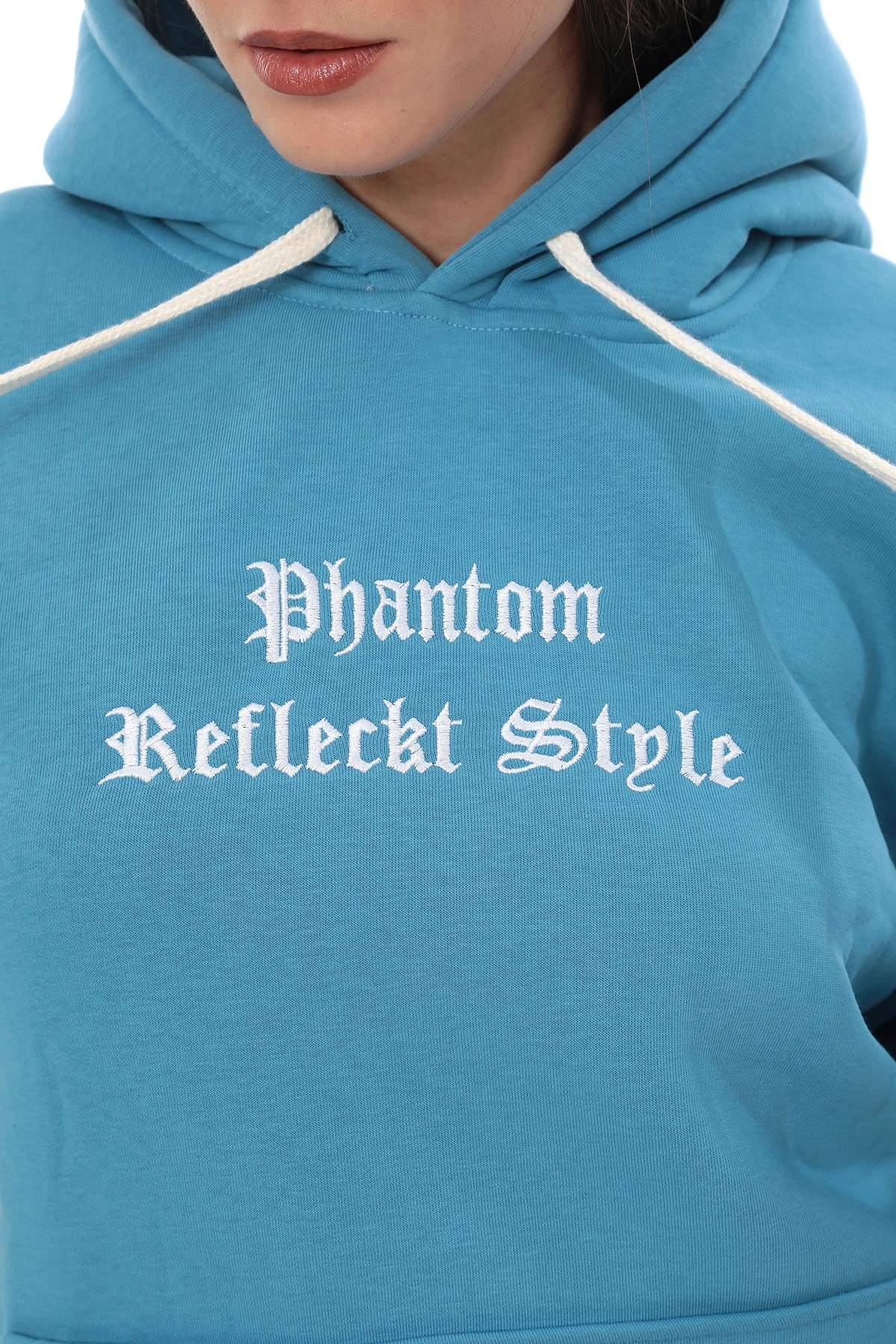 Turkuaz Polarlı Şık Kadın Eşofman Takımı Paça Lastikli Cepli Kapüşonlu Nakış Detaylı Compact Takım