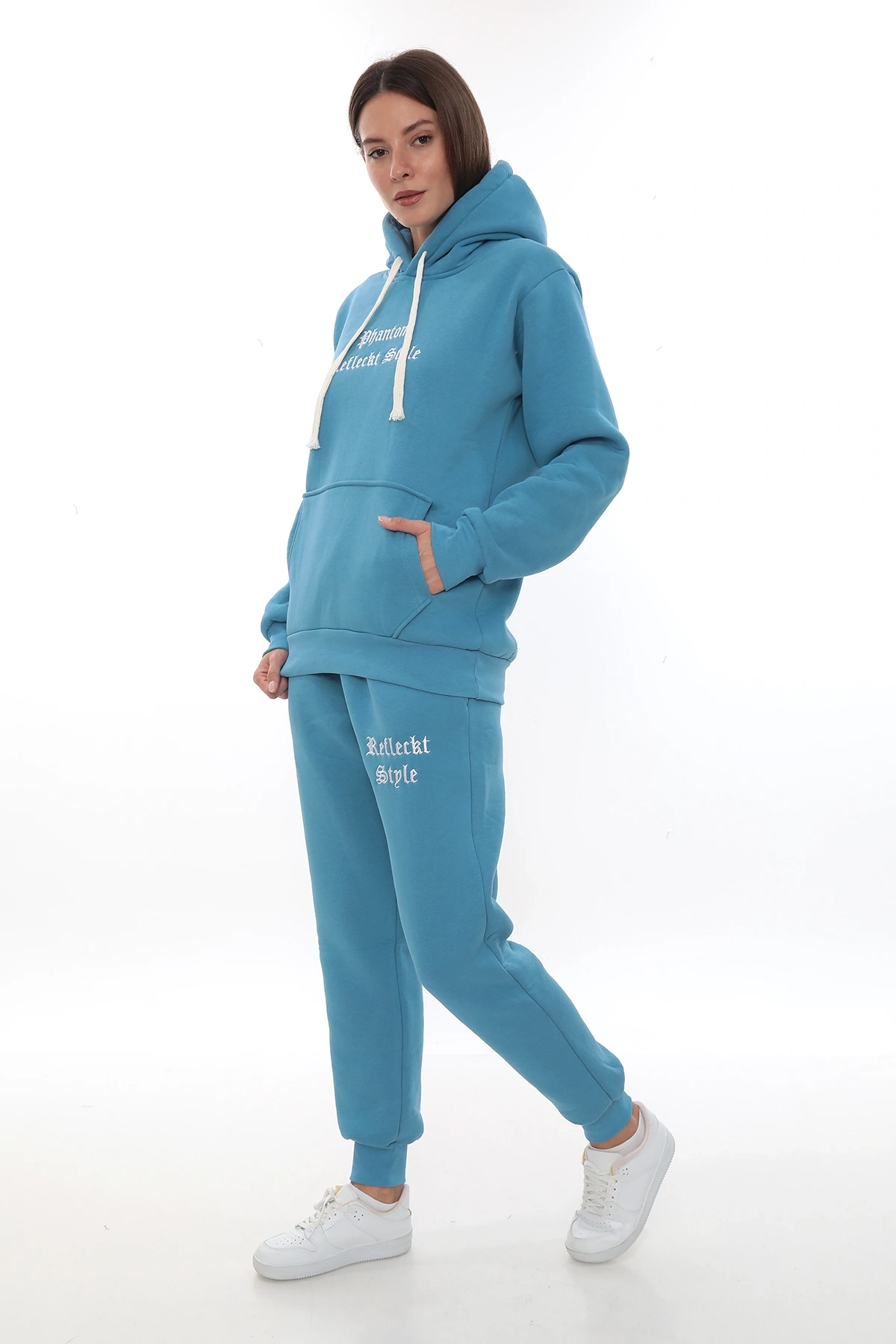 Turkuaz Polarlı Şık Kadın Eşofman Takımı Paça Lastikli Cepli Kapüşonlu Nakış Detaylı Compact Takım