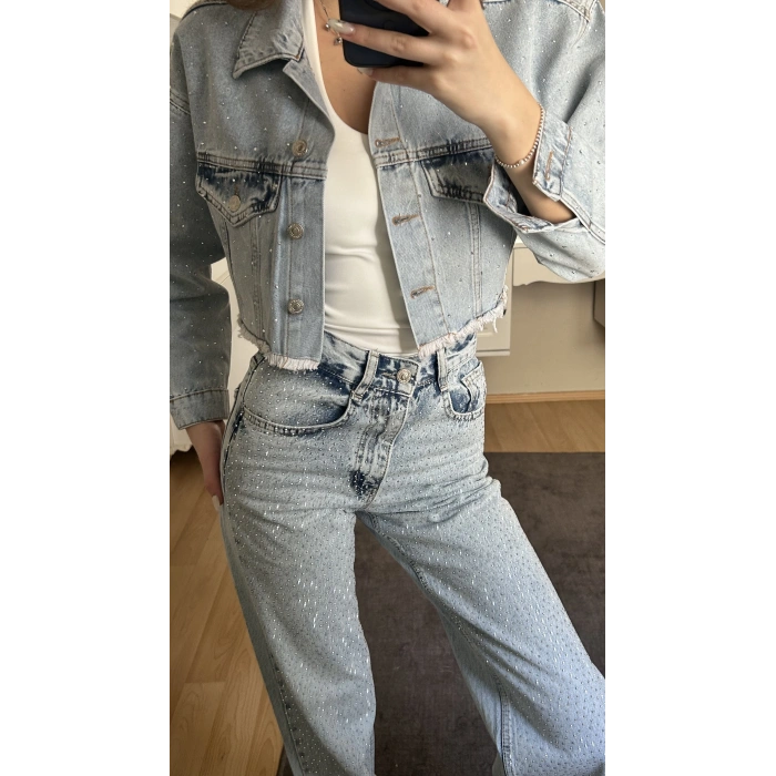 Buz Mavi Taşlı Pantolon