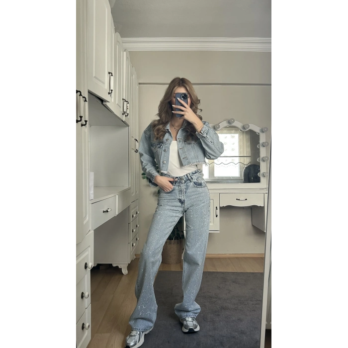 Buz Mavi Taşlı Pantolon