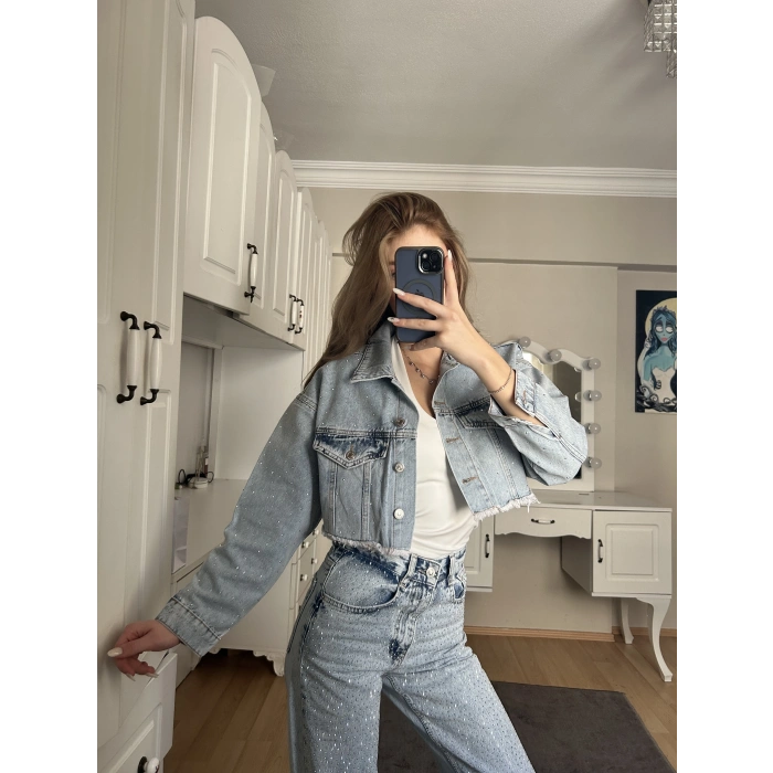 Buz Mavi Taşlı Crop Ceket