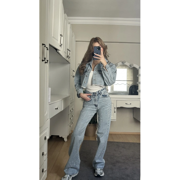 Buz Mavi Taşlı Crop Ceket