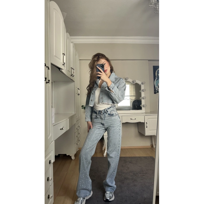 Buz Mavi Taşlı Crop Ceket