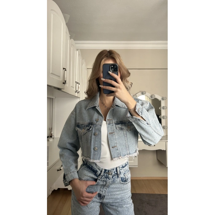 Buz Mavi Taşlı Crop Ceket