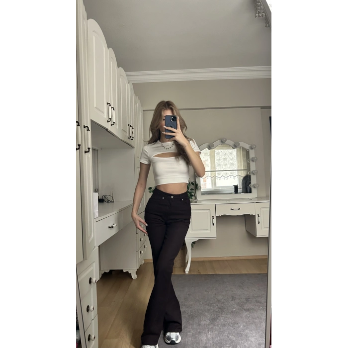 Kahverengi İspanyol Paça Yüksek Bel Jean