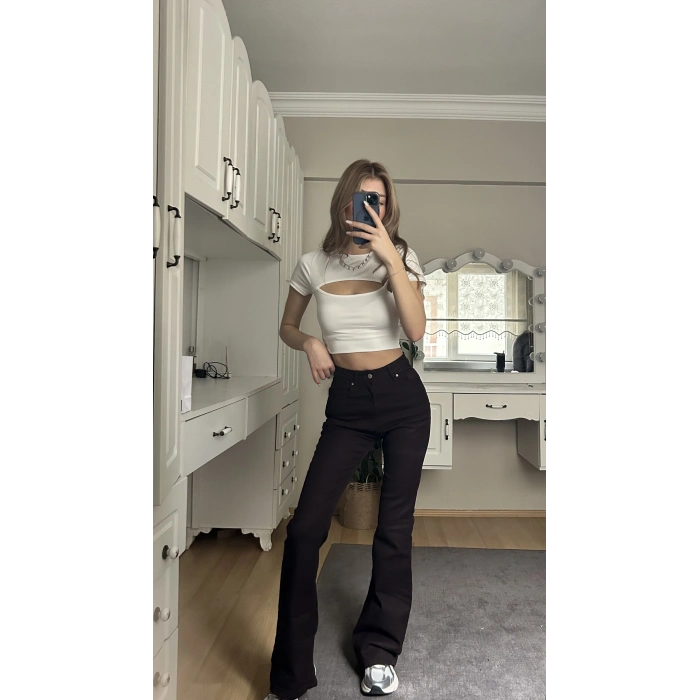 Kahverengi İspanyol Paça Yüksek Bel Jean