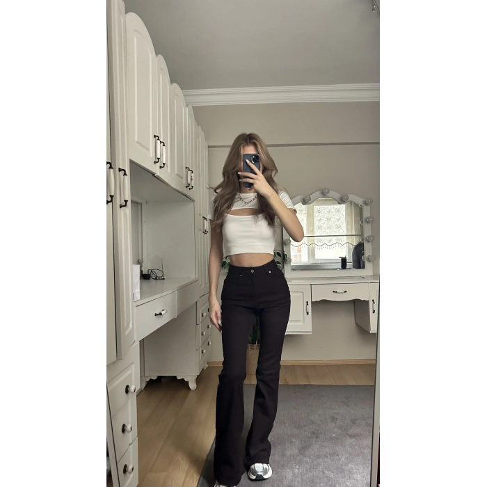 Kahverengi İspanyol Paça Yüksek Bel Jean