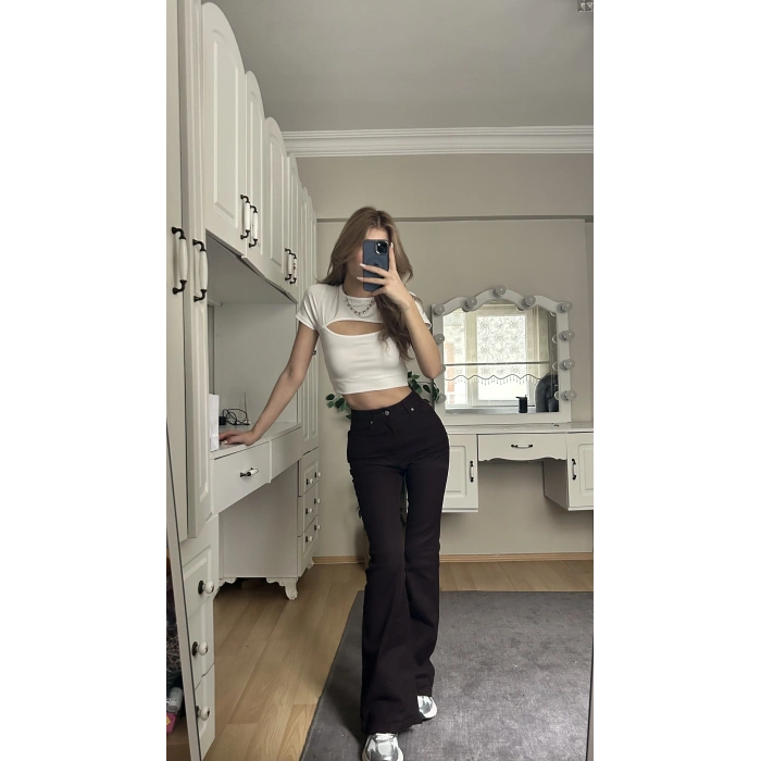 Kahverengi İspanyol Paça Yüksek Bel Jean