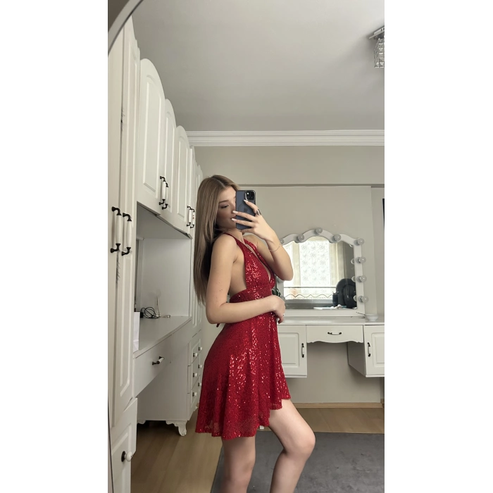 Kırmızı Boyundan Bağlamalı Payetli Elbise