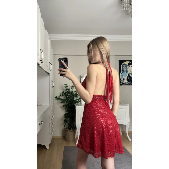 Kırmızı Boyundan Bağlamalı Payetli Elbise