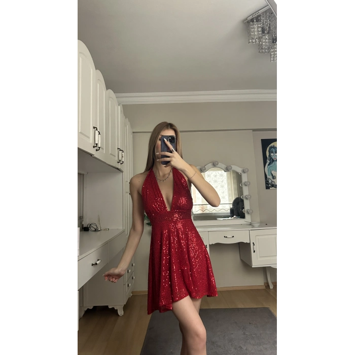 Kırmızı Boyundan Bağlamalı Payetli Elbise