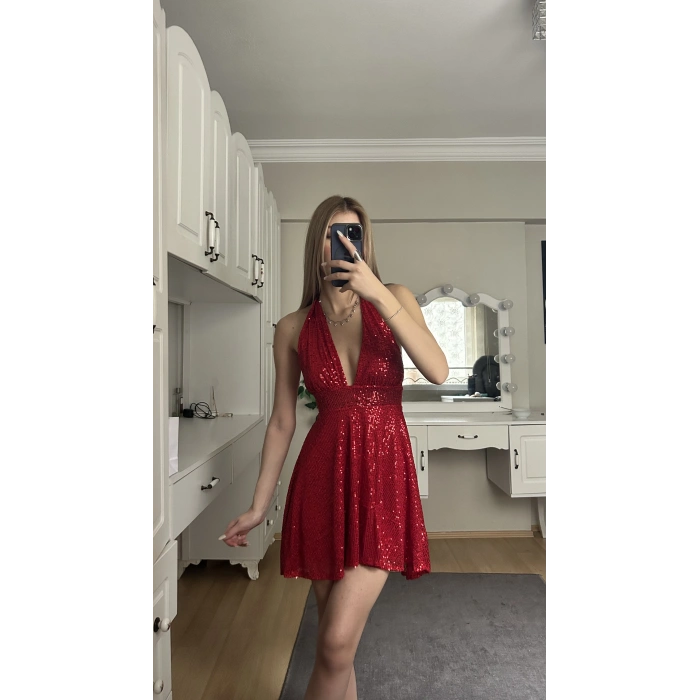 Kırmızı Boyundan Bağlamalı Payetli Elbise