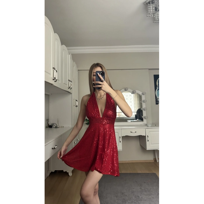 Kırmızı Boyundan Bağlamalı Payetli Elbise