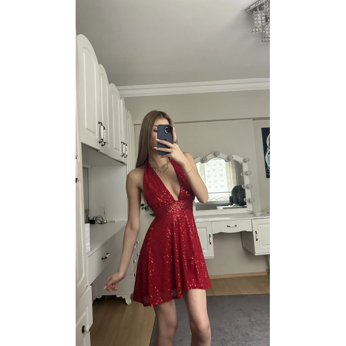 Kırmızı Boyundan Bağlamalı Payetli Elbise