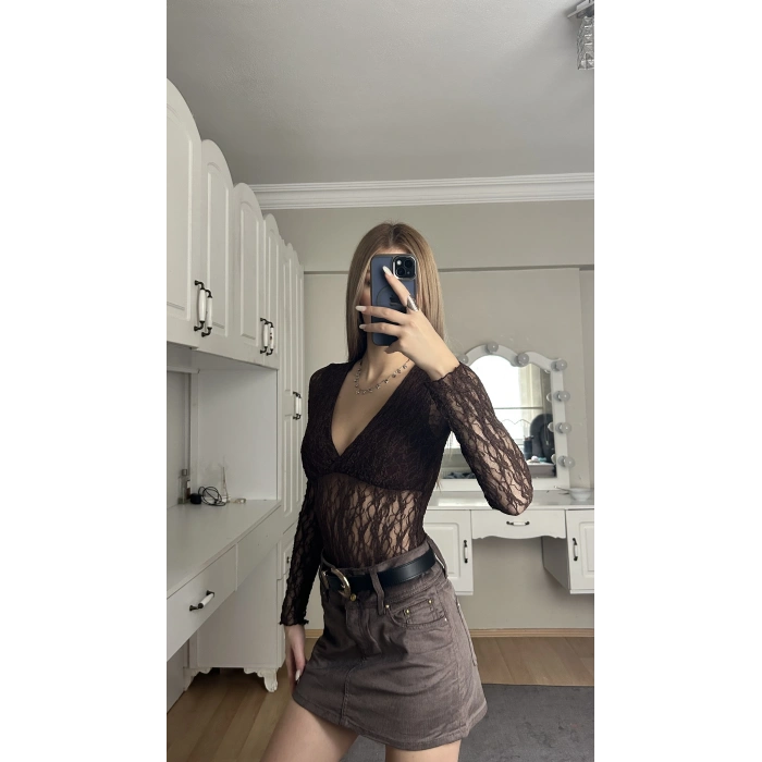 Kahverengi Dantel Detay  Bodysuit