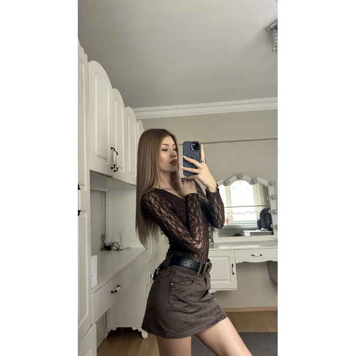 Kahverengi Dantel Detay  Bodysuit