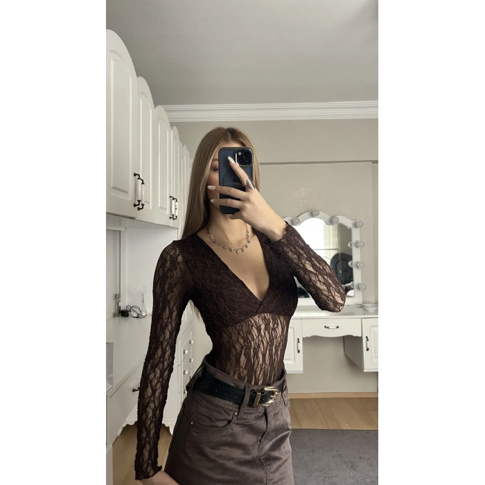 Kahverengi Dantel Detay  Bodysuit