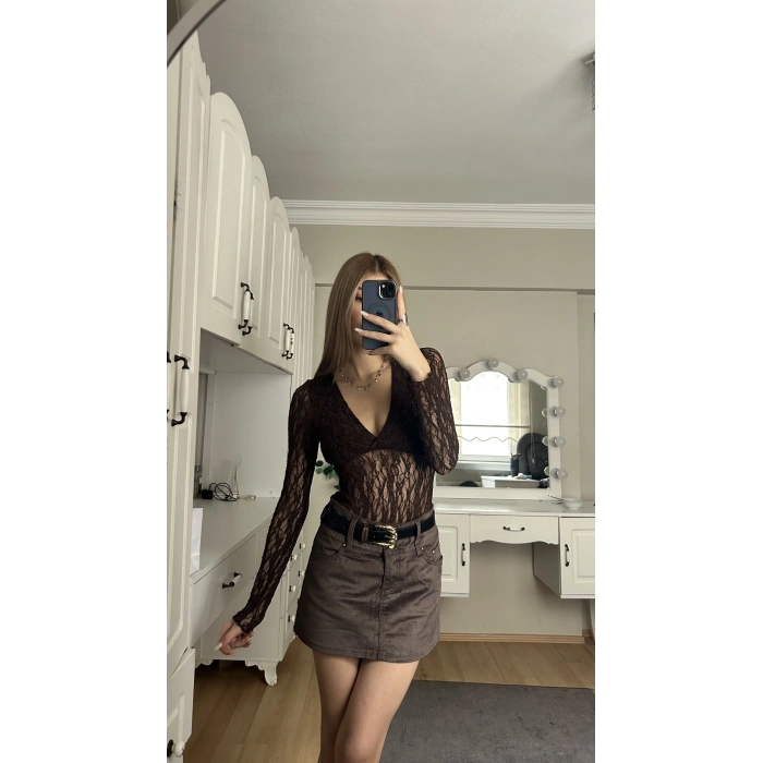 Kahverengi Dantel Detay  Bodysuit