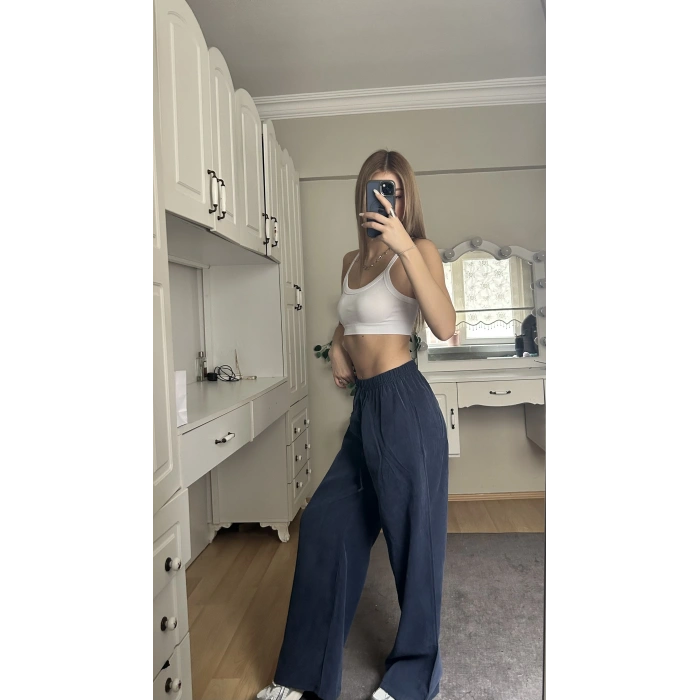 Lacivert Beli Lastikli Salaş Pantolon