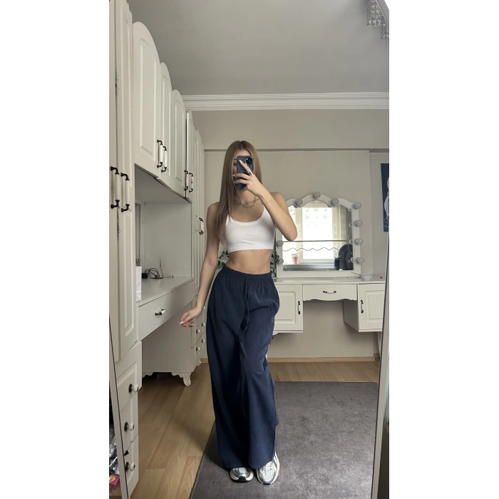 Lacivert Beli Lastikli Salaş Pantolon