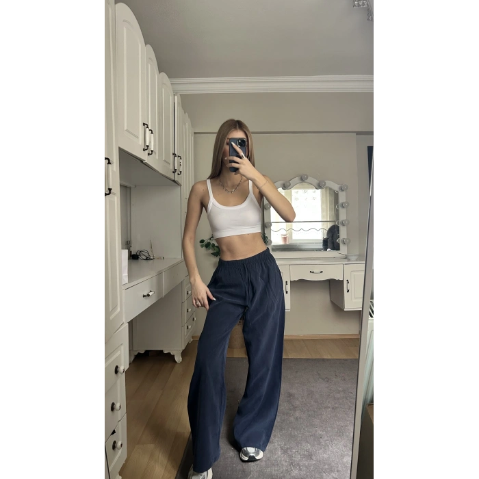 Lacivert Beli Lastikli Salaş Pantolon