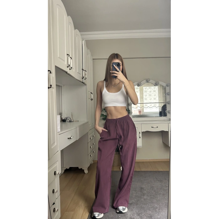 Mürdüm Beli Lastikli Salaş Pantolon