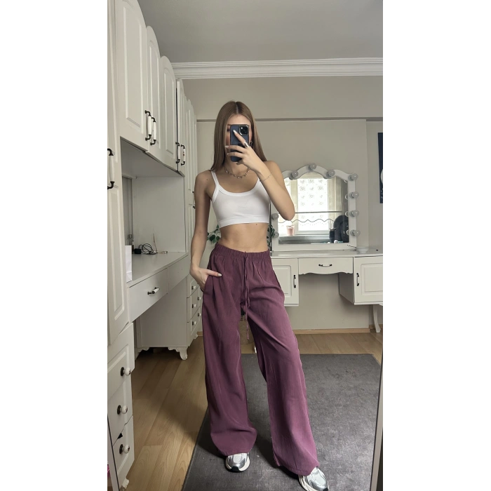 Mürdüm Beli Lastikli Salaş Pantolon