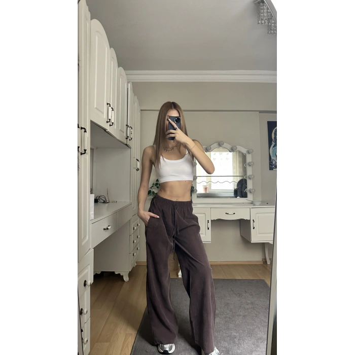 Kahverengi Beli Lastikli Salaş Pantolon