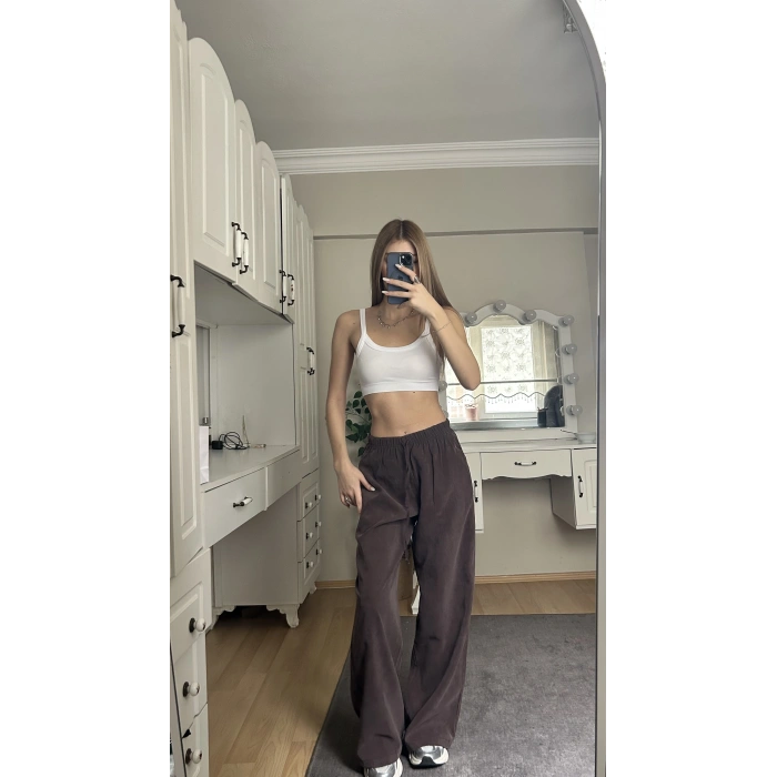 Kahverengi Beli Lastikli Salaş Pantolon