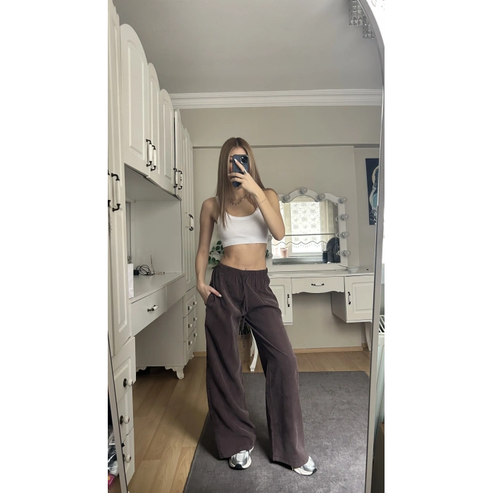 Kahverengi Beli Lastikli Salaş Pantolon