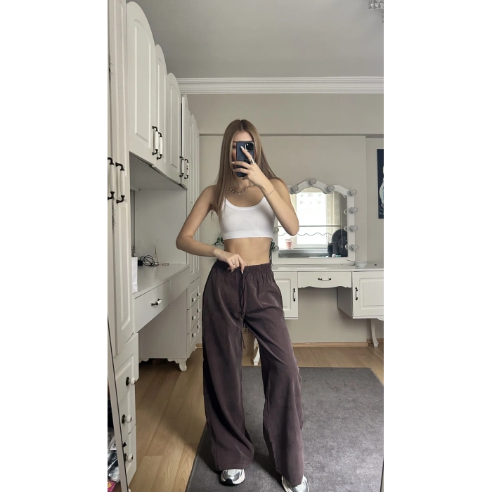 Kahverengi Beli Lastikli Salaş Pantolon