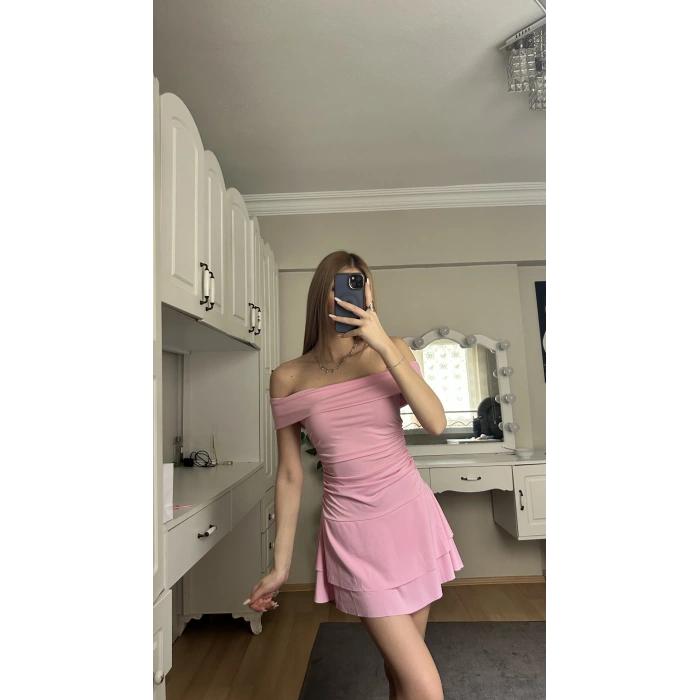 Pembe Madonna Yaka Drapeli Elbise