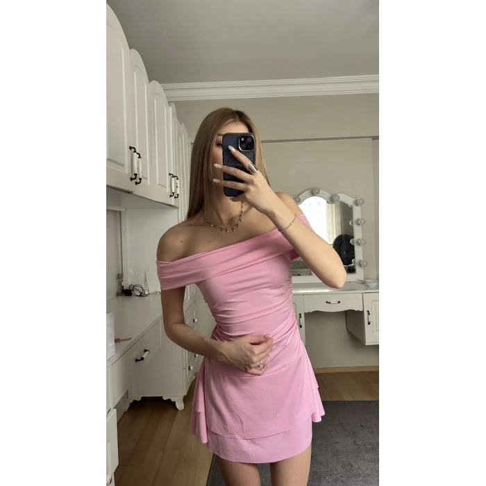 Pembe Madonna Yaka Drapeli Elbise