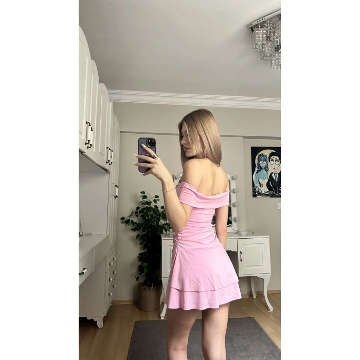 Pembe Madonna Yaka Drapeli Elbise