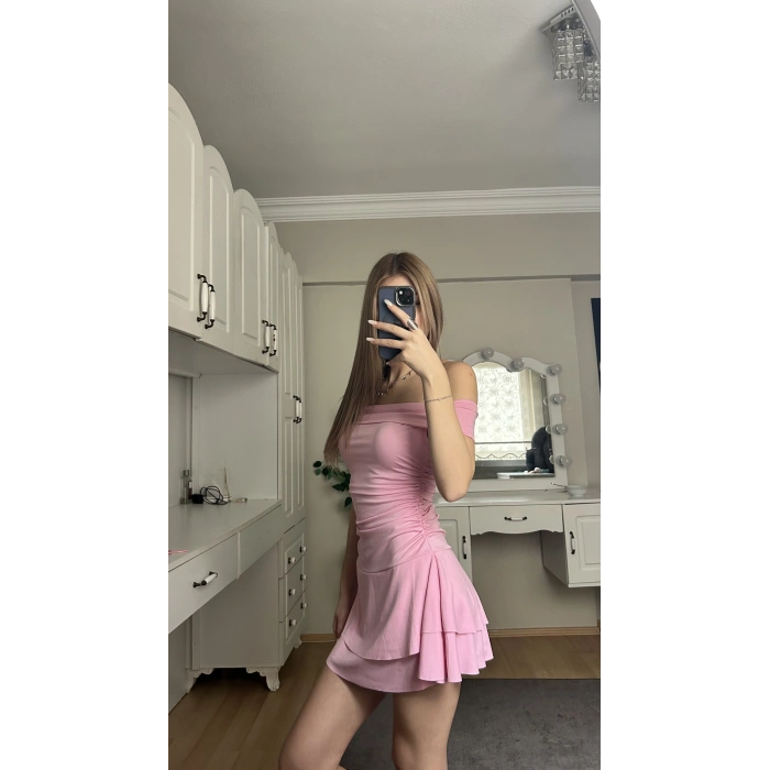 Pembe Madonna Yaka Drapeli Elbise