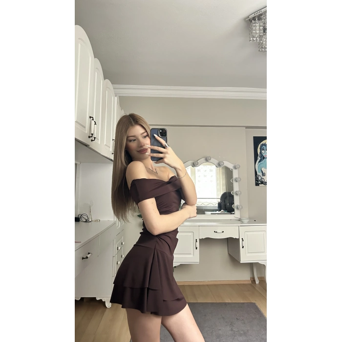 Kahverengi Madonna Yaka Drapeli Elbise