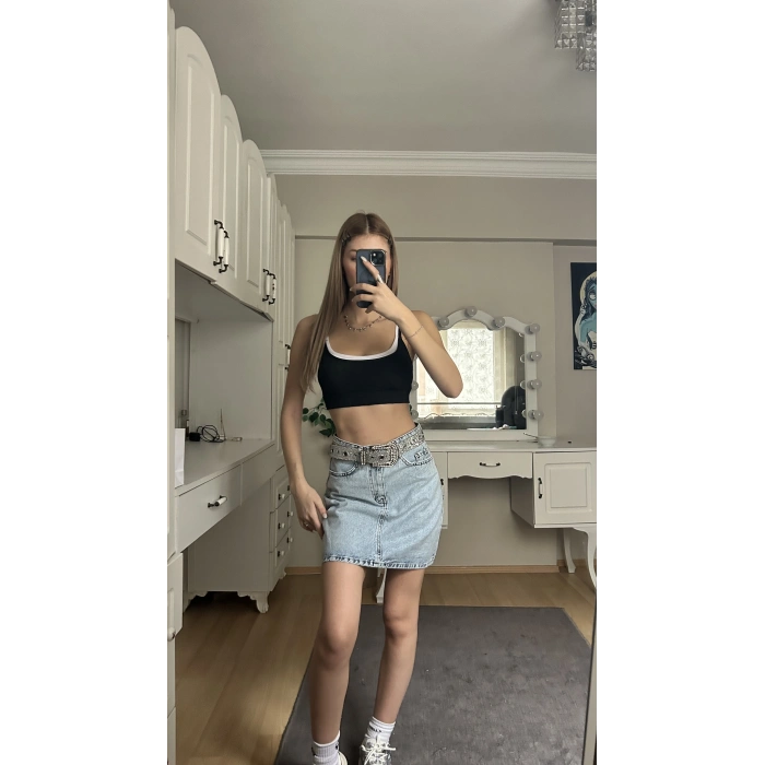 Buz Mavisi Yıkamalı Kot Etek