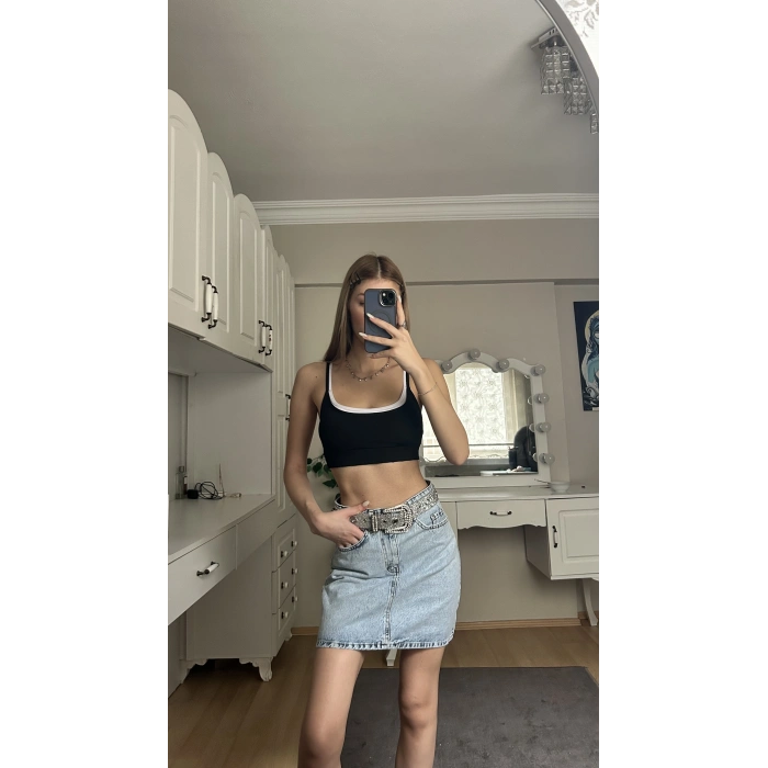 Buz Mavisi Yıkamalı Kot Etek