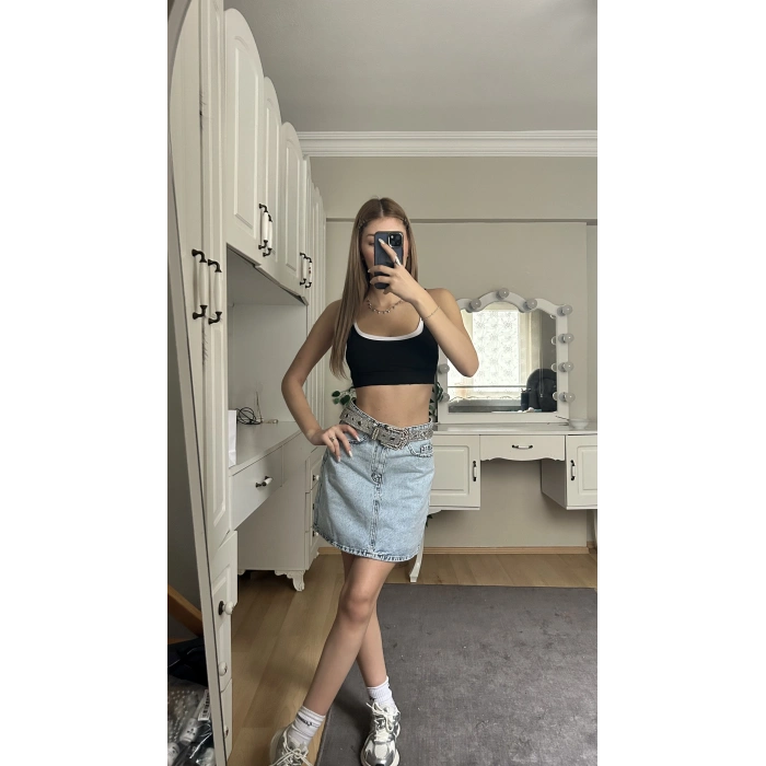 Buz Mavisi Yıkamalı Kot Etek