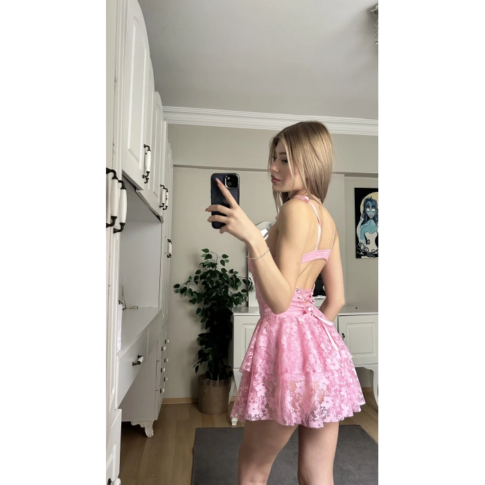 Pembe Askılı Sırt Detay Prenses Elbise