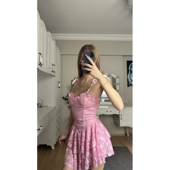 Pembe Askılı Sırt Detay Prenses Elbise