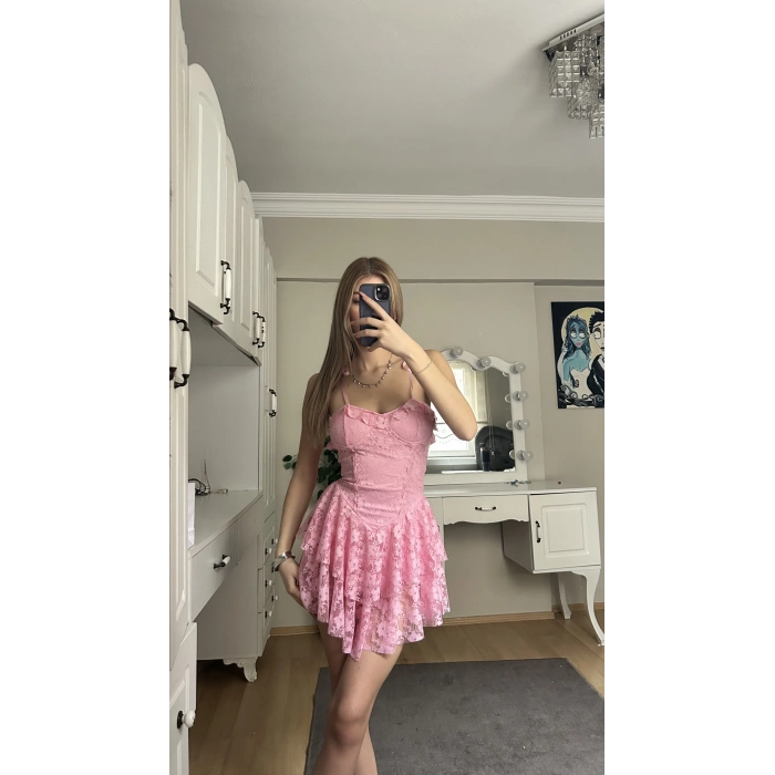 Pembe Askılı Sırt Detay Prenses Elbise