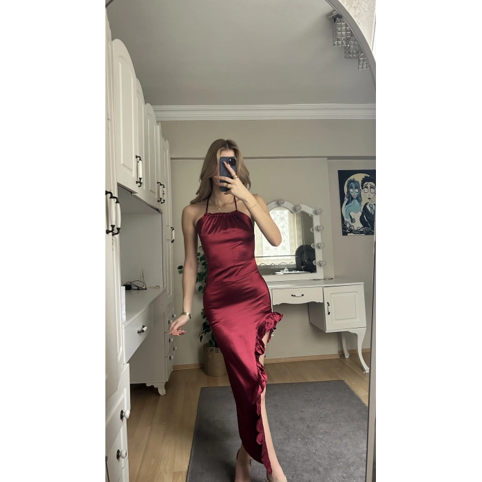 Bordo Saten Sırt Detay Yırtmaçlı Elbise