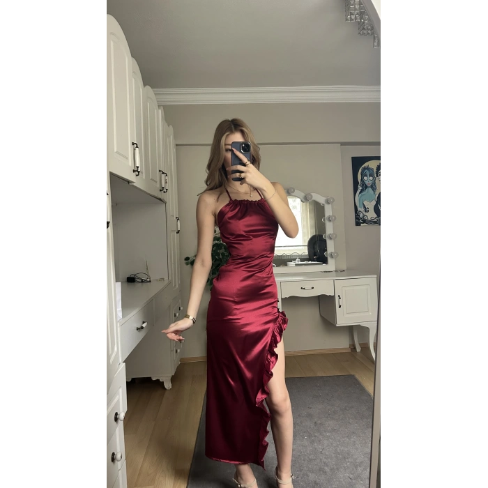 Bordo Saten Sırt Detay Yırtmaçlı Elbise