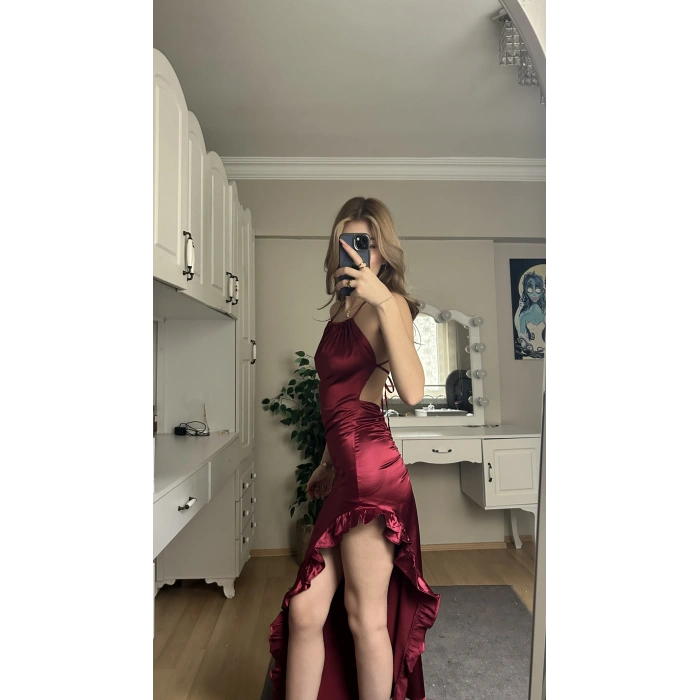 Bordo Saten Sırt Detay Yırtmaçlı Elbise