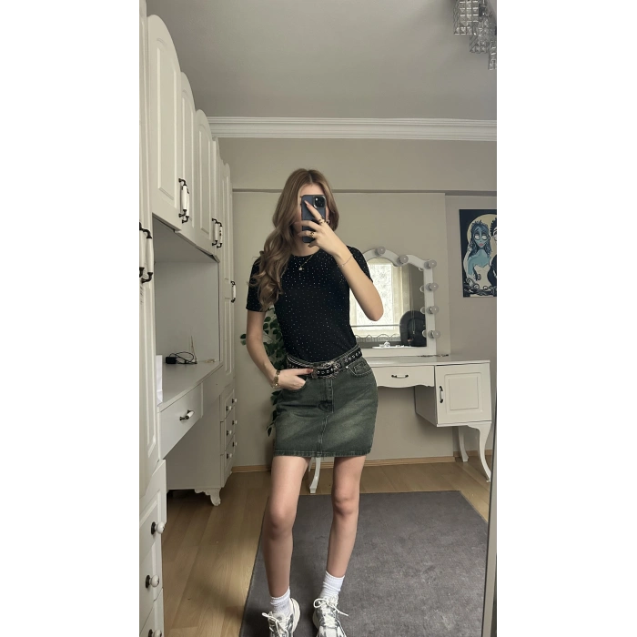 Haki Yıkamalı Kot Etek