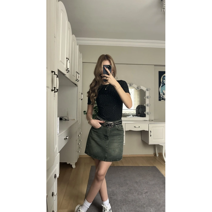 Haki Yıkamalı Kot Etek