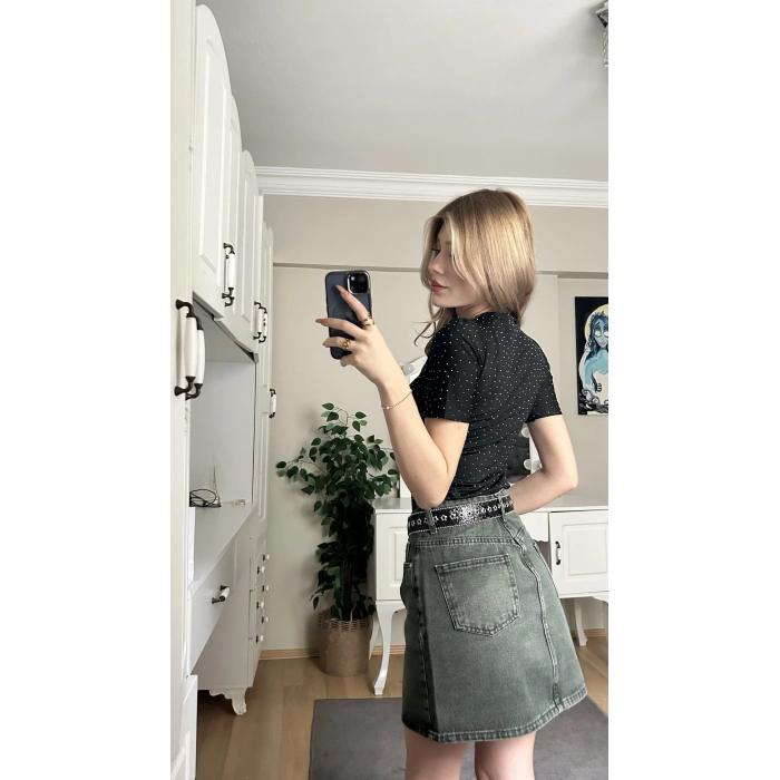 Haki Yıkamalı Kot Etek