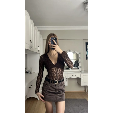 Kahverengi Dantel Detay  Bodysuit