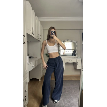 Lacivert Beli Lastikli Salaş Pantolon